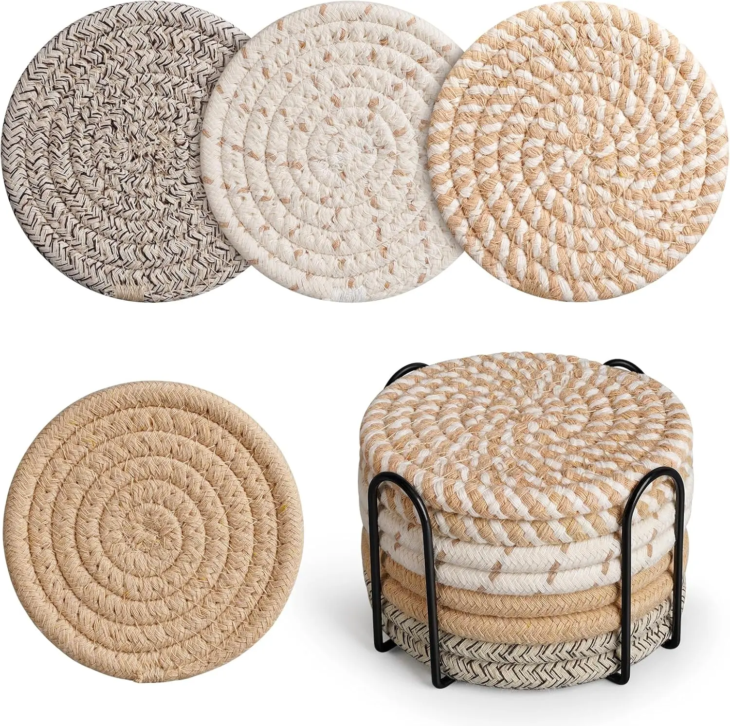 Geichan Sturdy Woven Decorative Coasters (Set of 8) with Metal Holder, Absorbent Cotton Linen Coffee Cup & Dish Table Protector, Home Decor & Birthday Gift