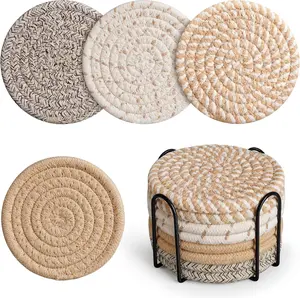 Geichan Woven Coasters Set of 8 with Metal Holder, Absorbent Cotton Linen Table Protection Home Decor Housewarming Gift