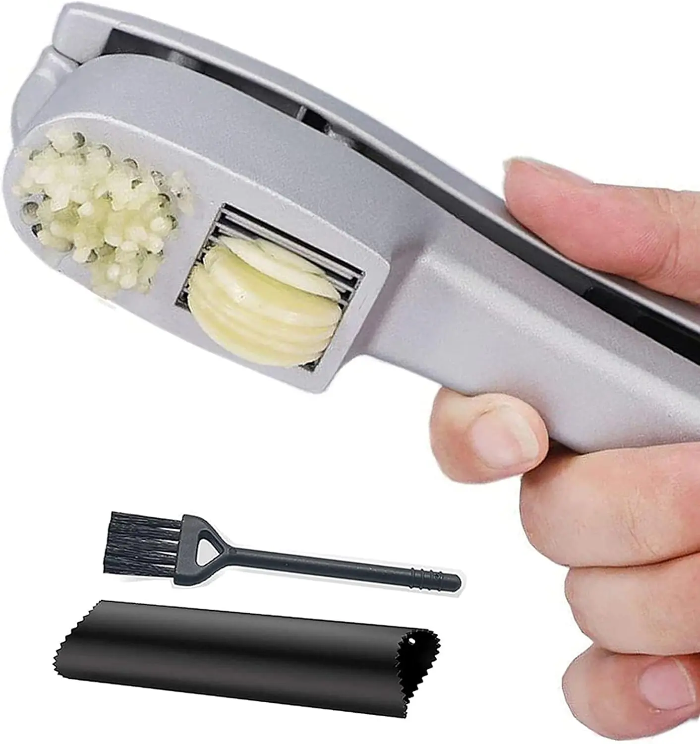 2-in-1 Durable Aluminum Alloy Garlic Press Kitchen Utensil - Dual Function Mincer, Slicer with Peeler Tube & Brush, Rustproof, Dishwasher Safe, Easy-to-Squeeze Handle, Ideal for Garlic Prep (Kitchen Utensils)