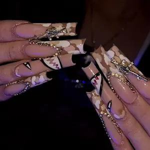 Essential 24pcs New Super Long Nail Tips Coffin Shape Full Hand Champagne Color Rhinestones Shark Teeth Nail Art Design, 1 Nail File + 1 Jelly Glue