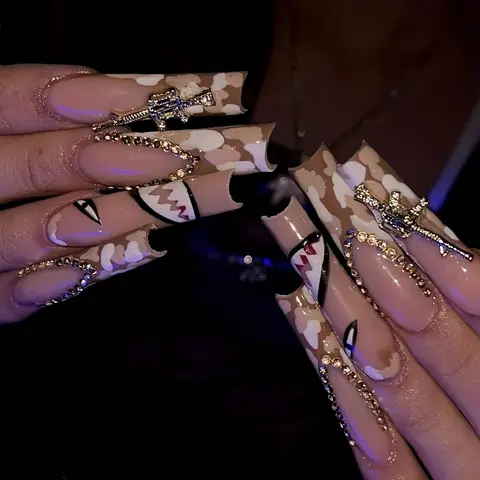Essential 24pcs New Super Long Nail Tips Nail Extensions Coffin Shape Full Hand Champagne Color Rhinestones Shark Teeth Nail Art Design, 1 Nail File + 1 Jelly Glue, Glittering Fake Nails, Glitter Decorative Nails, Diy Nails Art, Nail Art Products