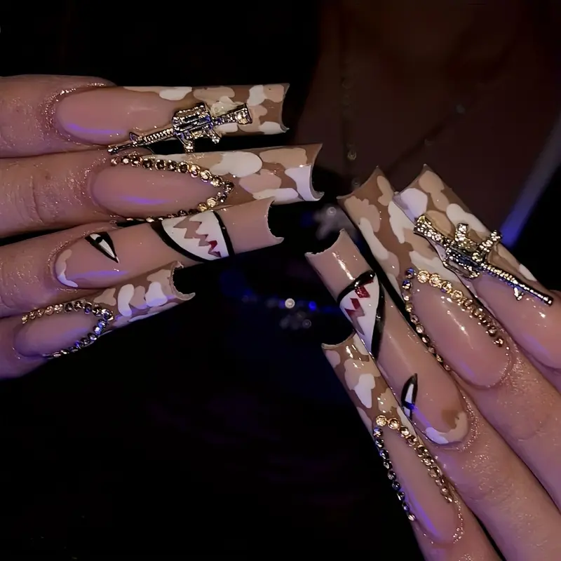 Essential 24pcs New Super Long Nail Tips Nail Extensions Coffin Shape Full Hand Champagne Color Rhinestones Shark Teeth Nail Art Design, 1 Nail File + 1 Jelly Glue, Glittering Fake Nails, Glitter Decorative Nails, Diy Nails Art, Nail Art Products