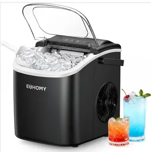 EUHOMY Countertop Ice Maker Machine with Handle, 26lbs in 24Hrs, 9 Ice Cubes Ready in 6 Mins, Auto-Cleaning Portable Ice Maker with Basket and Scoop, for Home/Kitchen/Camping/RV. (Black)