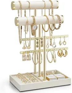 3 Tier Necklace Holder Organizer with Tray, Leather Bracelet Holder Display for Women,   Stand for Bracelet, Necklace, Earrings, Rings - Cloud White