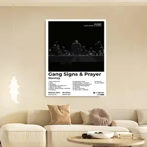Framed 1pc Gang Signs & Prayer Album Cover Framed Canvas Wall Art - Stormzy Lyrics Poster, Black & Blue Music Track List, Ready-to-Hang Home Decor for Living Room, Bedroom, Office - Housewarming/Birthday Gift for Rap Fans Glossy Matte