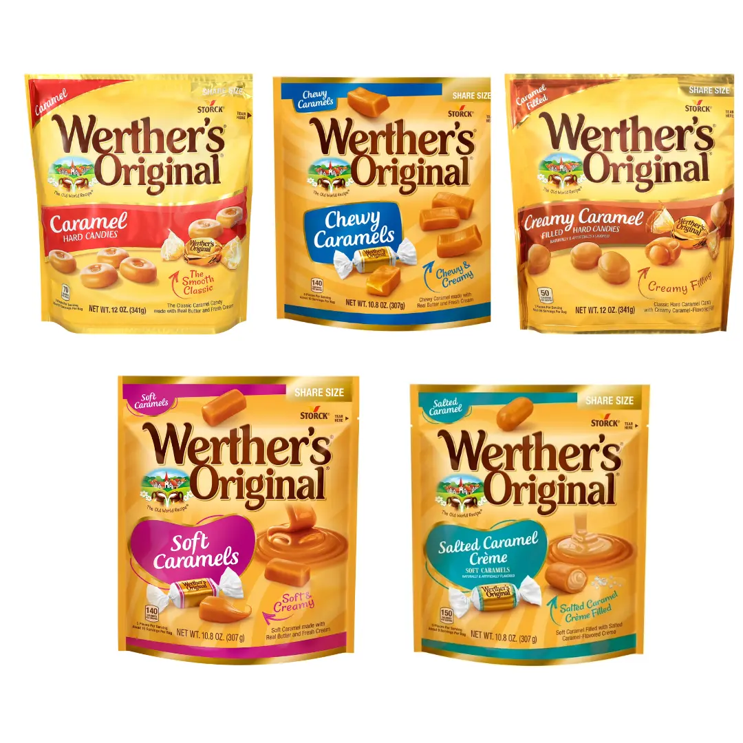 Pack of 1-3 Options | Werther's Original Share Size Stand Up Bag | Caramel Hard, Chewy, Creamy Filled, Soft, Salted Creme