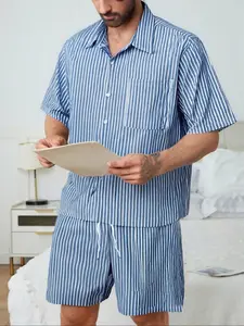 Men's Simple Style Casual Sleepwear Loungewear Set, Includes Matching Short Sleeve Shorts, Striped Design, Wind, All Seasons Wear