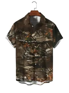 Men's Short-Sleeve Shirt, Flat Digital Print Pattern, Camouflage Forest Design, Button-Up, Casual Lapel Collar, Fitted Style
