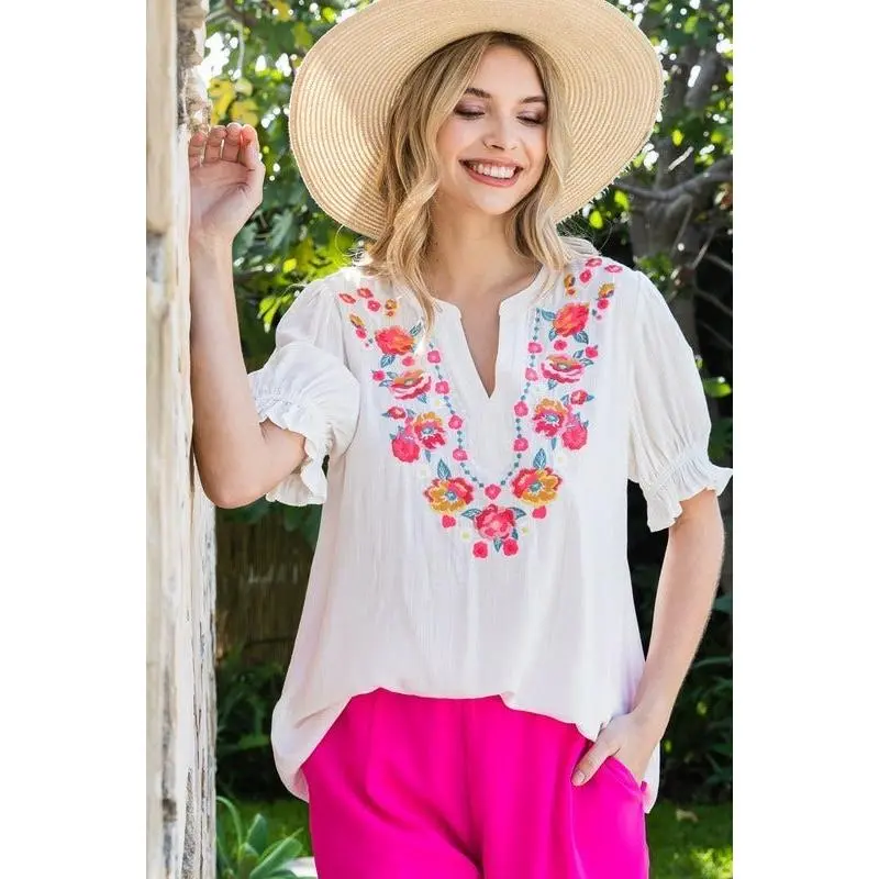 Jodifl Embroidered Peasant Boho Puff Sleeve Top