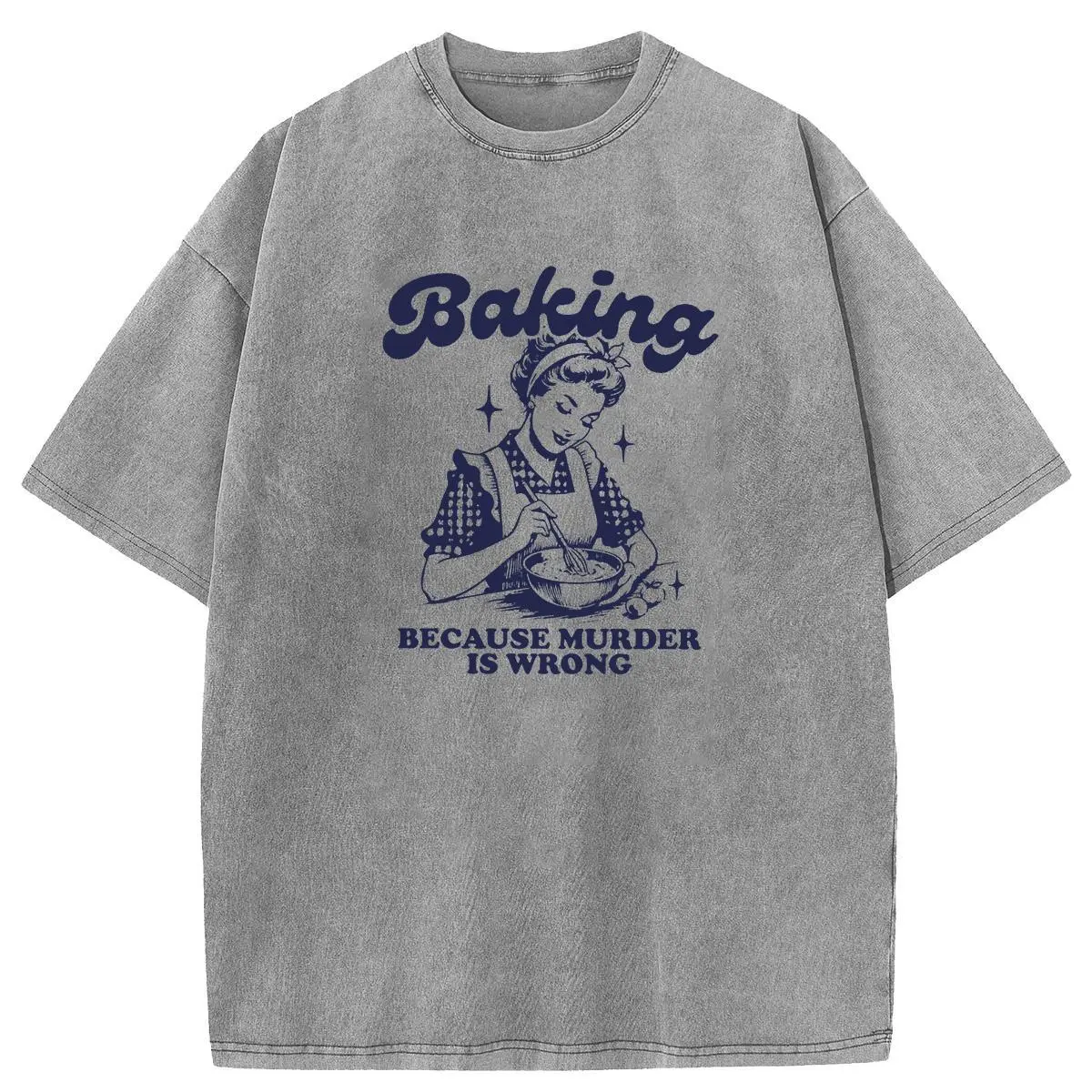 Holafish Acid Washed Shirt Baking Print Casual Graphic Tee Half Short Sleeves Crew Neck Summer Comfortable Cotton Top for Women - Fit