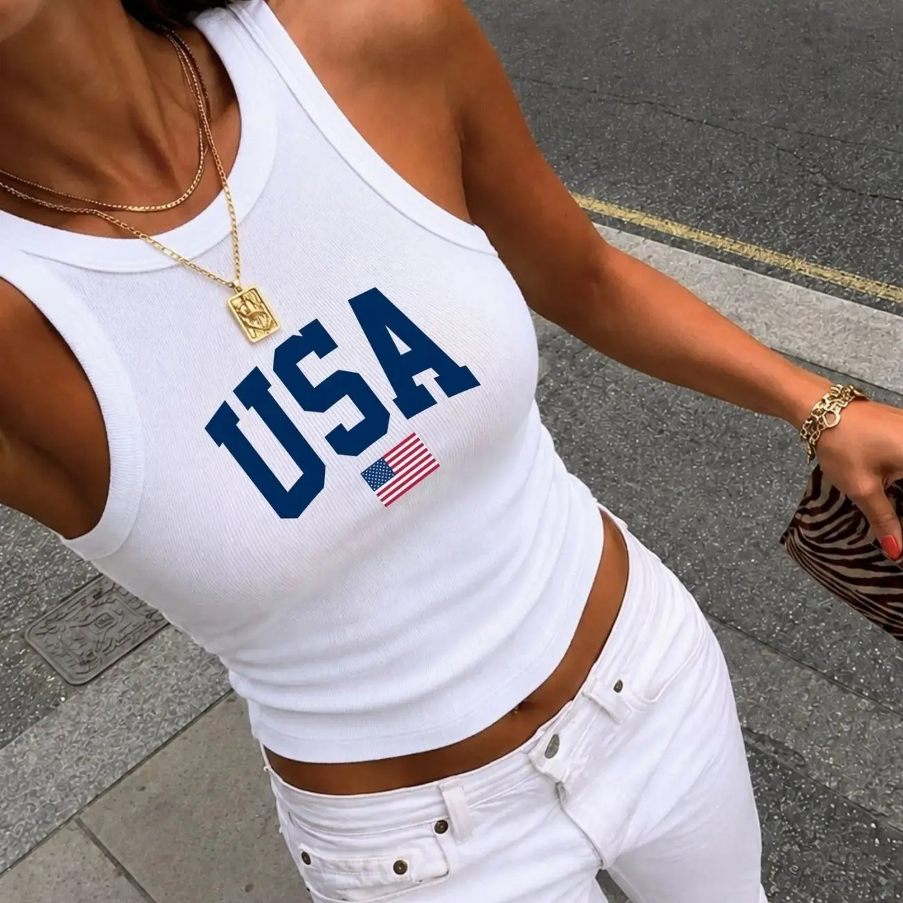 Classic Vintage USA Flag Crop Tank Patriotic Tee Cute 4th of July Outfit USA Flag Retro American Girl Tank Top Women Fourth of July PartyTop VNCMF