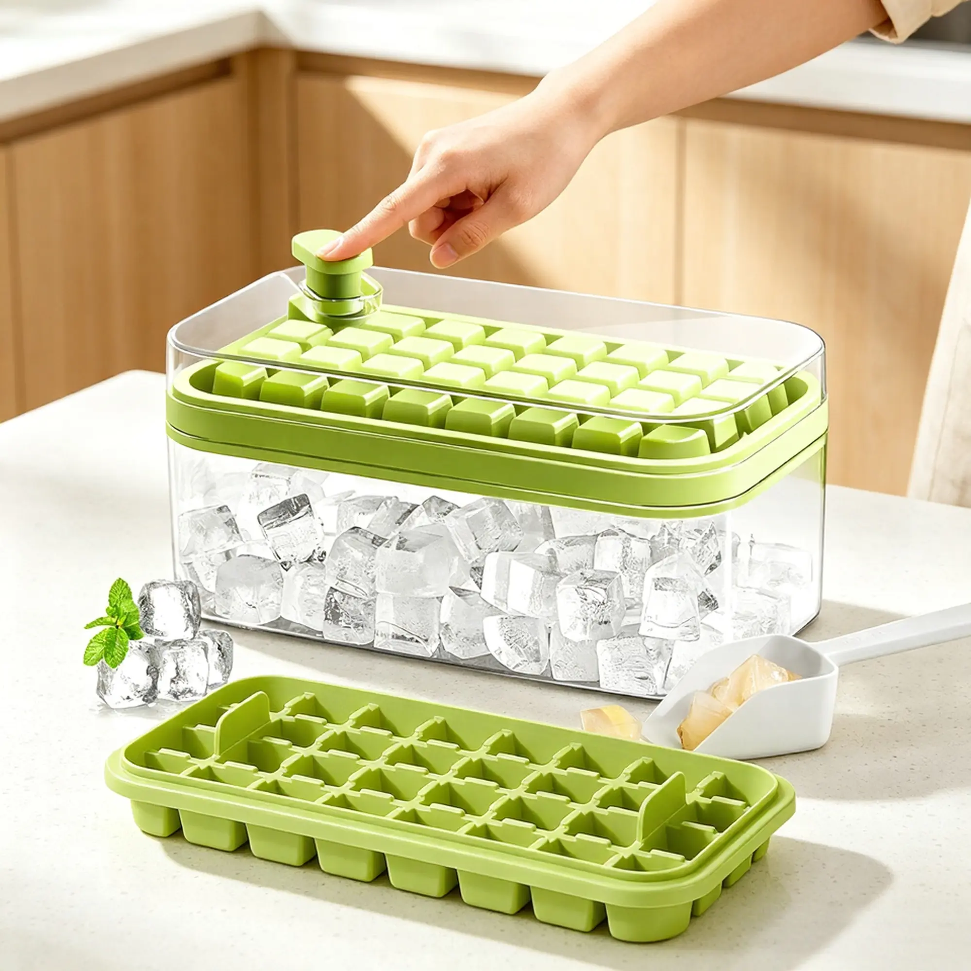 Ice Cube Trays with Lid & Storage Bin, Upgraded 1-Button Release Molds (64 Pcs Total), Crushed Ice Maker for Freezer, Ideal for Chilling Drinks, Family Gifts