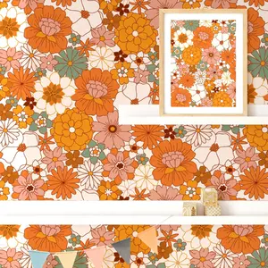wallpaper 17.7in*78.7in Vibrant Orange Floral Wallpaper - Waterproof, Easy-to-Remove DIY Home Decor for Living Room, Bedroom, Kitchen, and More Self-Adhesive Vinyl Wall Art with Geometric Patterns, Kitchen | Wa