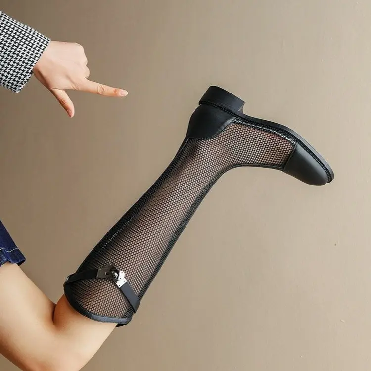 2026 New Breathable Mesh Knee High Booties, Hollow Out Net Upper Soft Leather Sandal Boots, Adjustable Buckle Low Block Heel Tall Summer Boots  Women Walking Shoes Footwear Ballroom Pedal Nail Bota