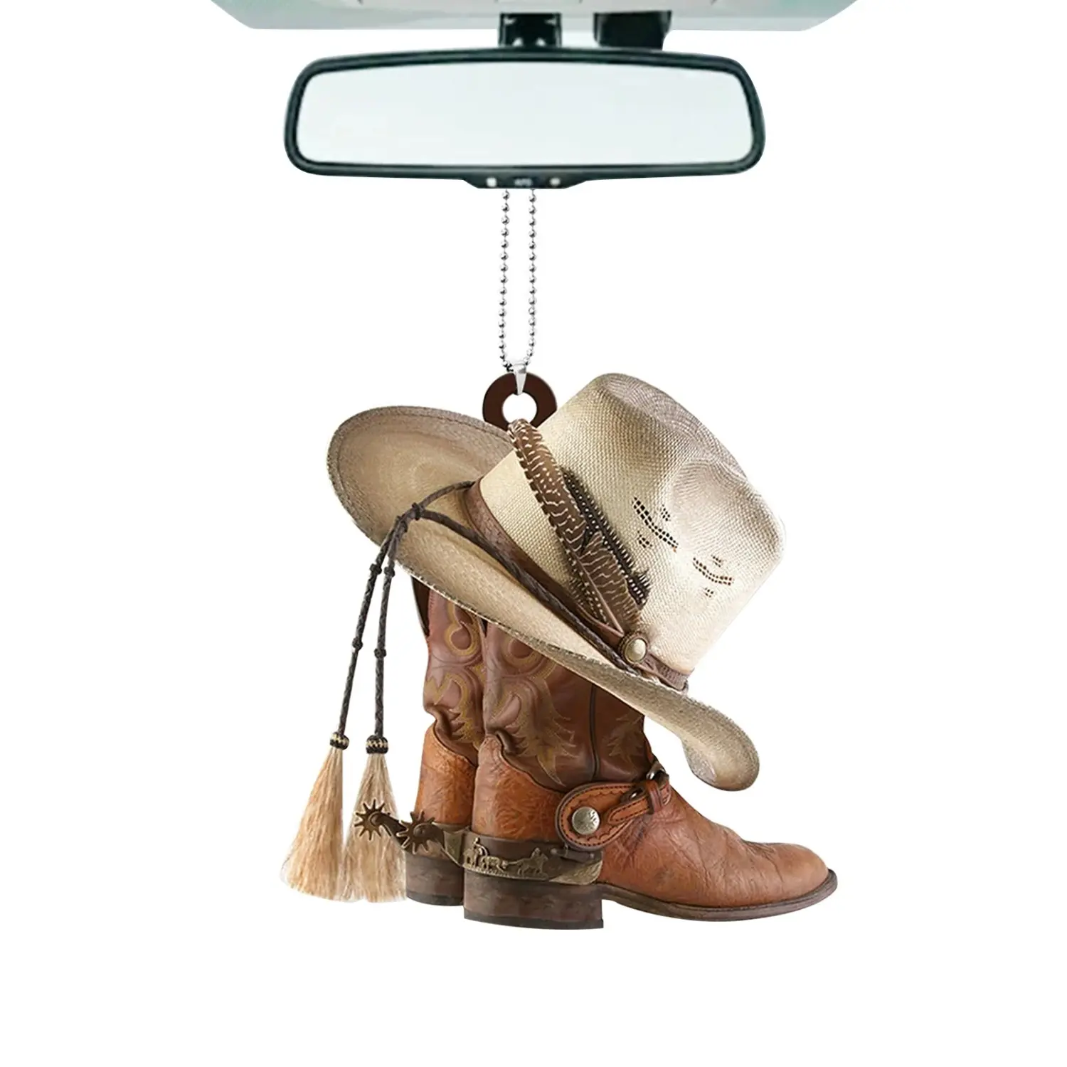 “Cowboy Boots & Hat Car Mirror Ornament – Western Style Acrylic Rearview Mirror Charm, Cute Car Interior Decoration for Home or Office