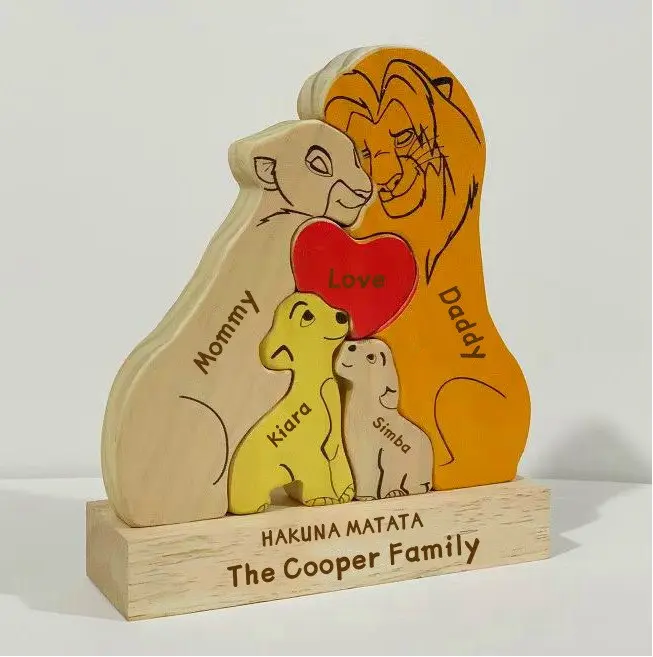 Wooden Lion Family Puzzle, Customized Name Puzzle, Home Decor, Wooden Toy, Christmas Gift, Family Puzzle, Lion K1ng Family, Gift for Her, Wooden Gift