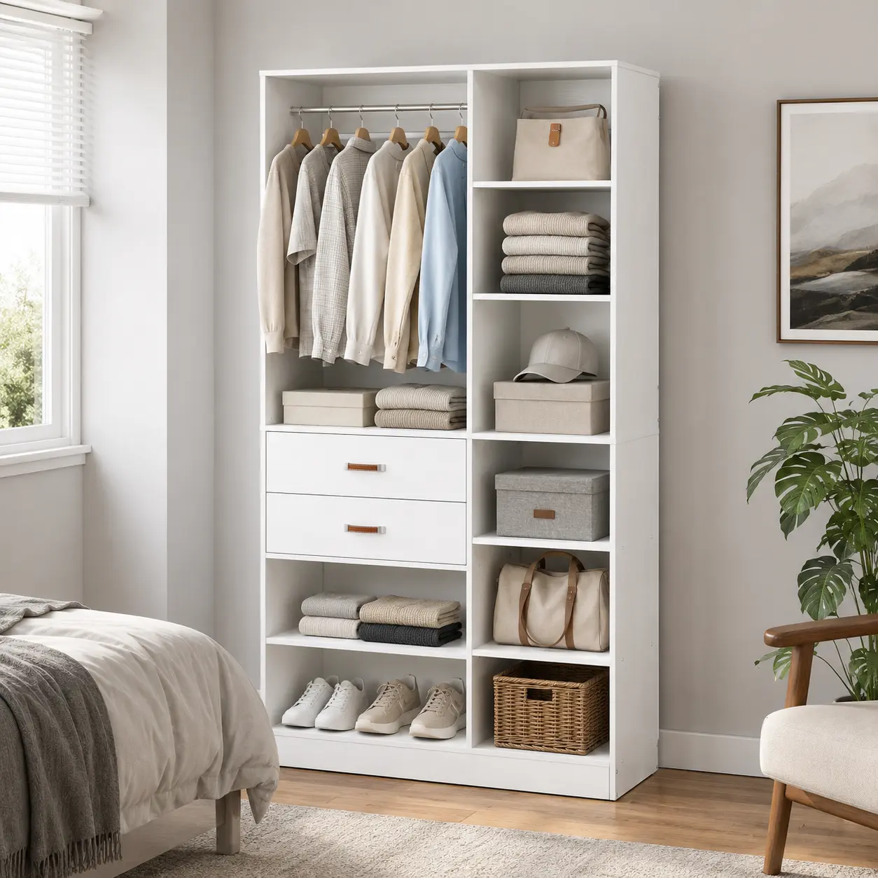39''W Closet System with 2 Wood Drawers,Modern Walk-in Closet Organizer with Hanging Rod,8 Shelves,Freestanding Wardrobe for Small Space,Bedroom