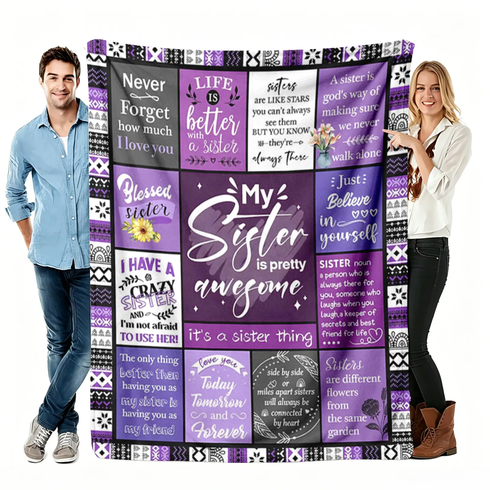 To My Sister Quote Flannel Throw Blanket, Ultra Soft Lightweight Warm Plush Blanket for Couch Bed Nap Travel All Season Birthday Holiday Gift 50"x60" for Sisters ﻿