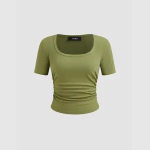 Cider [3 colors, size 2-10] Square Neck Ruched Short Sleeve Tee