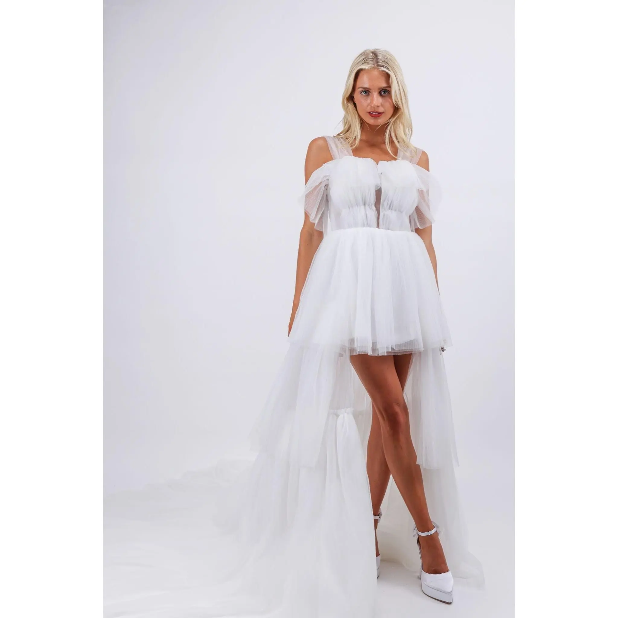 Multi layered pleated texture high low white maxi bridal dress