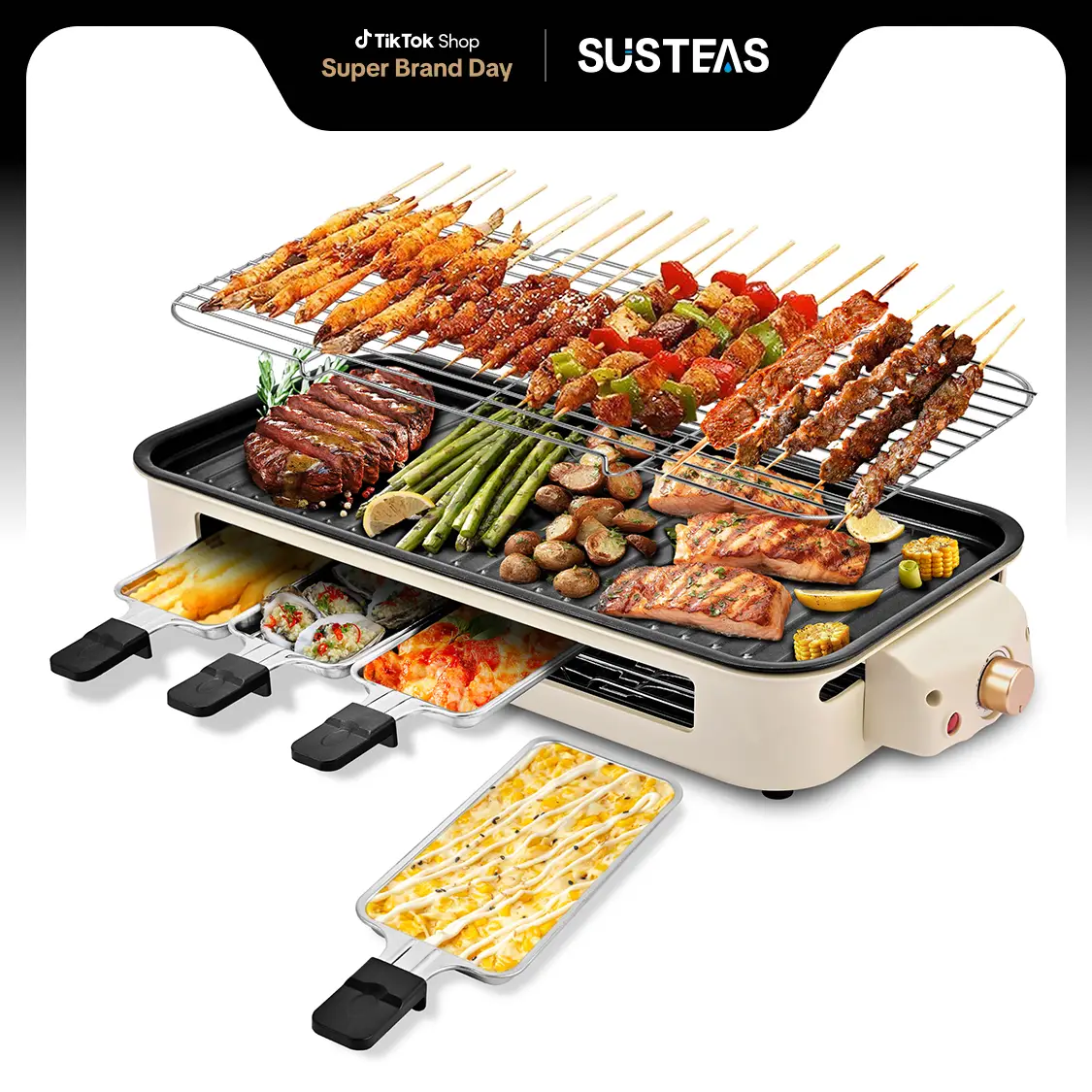 Pukomc Upgrade Indoor Smokeless Electric Korean BBQ Grill with Removable Non-Stick Coating 22.5 x 10 x 3.5 in, Temperature Control, Dishwasher Safe, 1