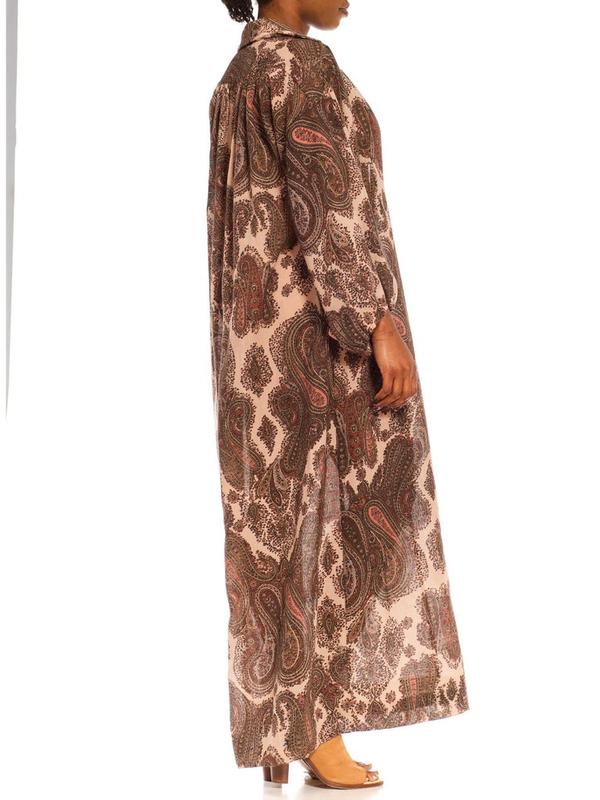 1970S GLORIA VANDERBIL Cream & Olive Green Paisley Poly Blend Boho Shirt Dress With Belt