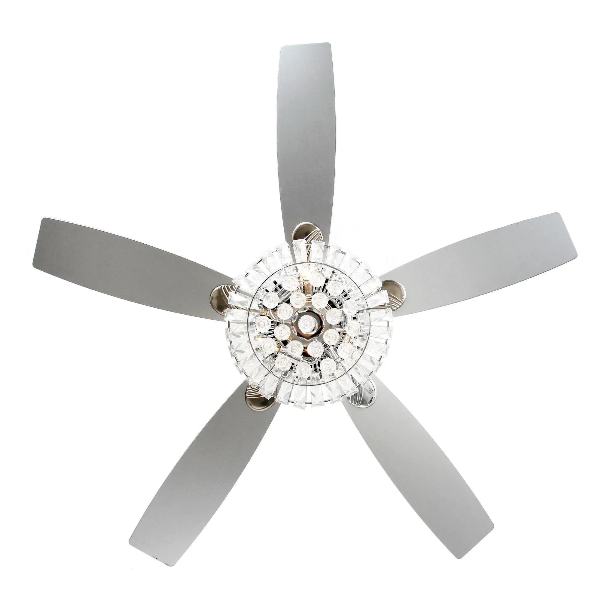 52" Kerala Modern Chrome Crystal Ceiling Fan, Downrod Mount, Reversible Blades with LED Light & Remote Control
