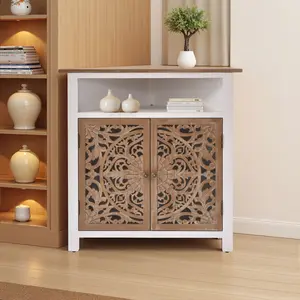 Boho Corner Cabinet with Carved Floral Doors – Narrow Storage Organizer with Adjustable Shelf and Open Storage, White & Natural Wood Finish, Storage for Closet, Living Room, Kitchen, or Bathroom