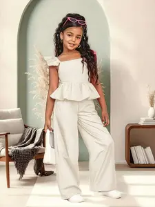 Girls' Casual Bow Tie Jumpsuit, Perfect for Spring Summer Outdoor Wear, Stylish and Comfortable One-Piece Kid