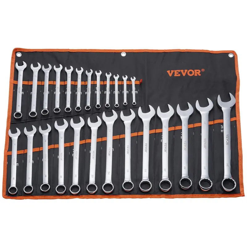 VEVOR 25-Piece Heavy Duty Metric Hex Combination Wrench Set (6mm-32mm), Carbon Steel Durable & Sturdy Erosion-Resistant Tool with Easy-to-Carry Roll-Up Pouch for Garage Auto Repairs, Household Repairs, DIY Projects