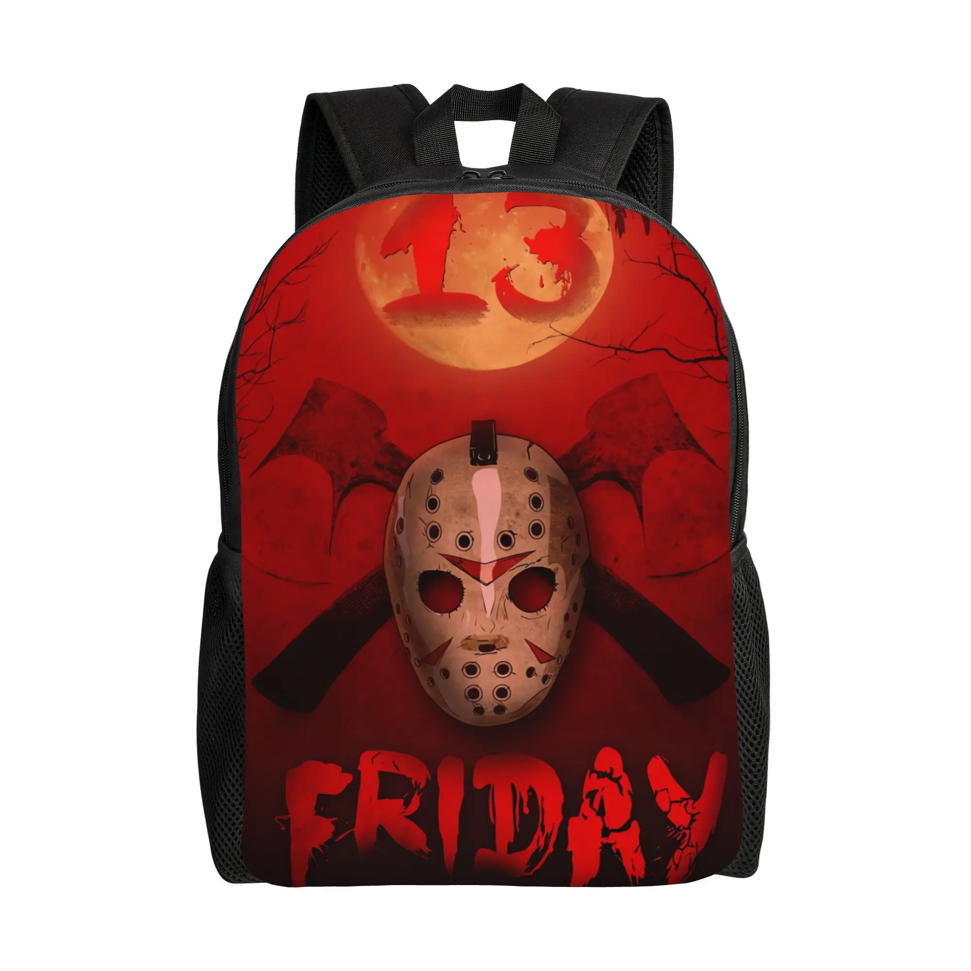 Jason Voorhees Classic Mask Graphic Print Horror Movie Backpack - Lightweight Gym Daypack for College, City Travel - Stylish Horror Merch Gift for Fans, Classic Halloween Holiday - All Seasons, Fellow Fans (Physical Mask Not Included)