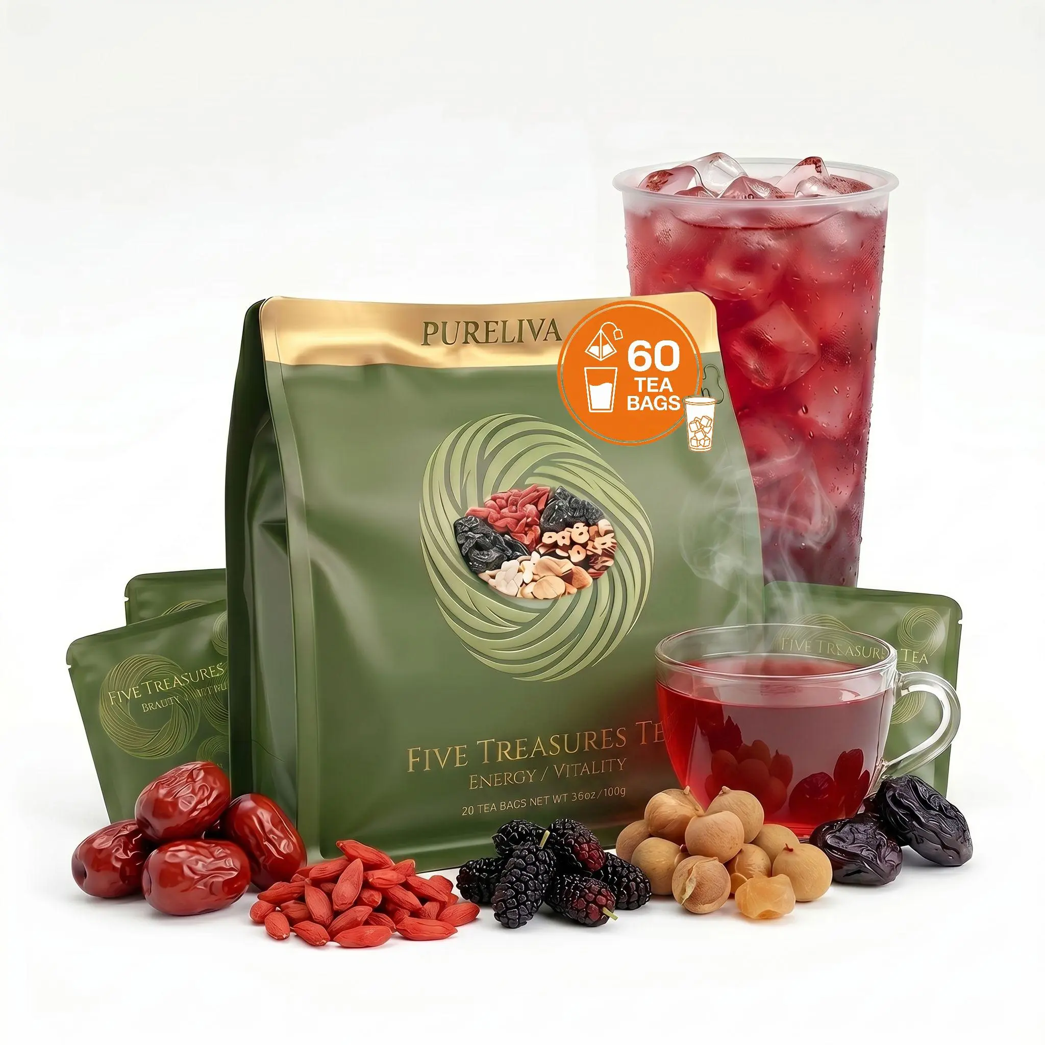 PURELIVA 5 Treasures Kidney Wellness Non-Caffeinated Packaged Ready-to-Mix Herbal Tea with American Ginseng, Goji Berry, Red Dates, Mulberry, Longan, 20 Tea Bags for Energy & Vitality Support, Non-Caffeinated Herbal Tea