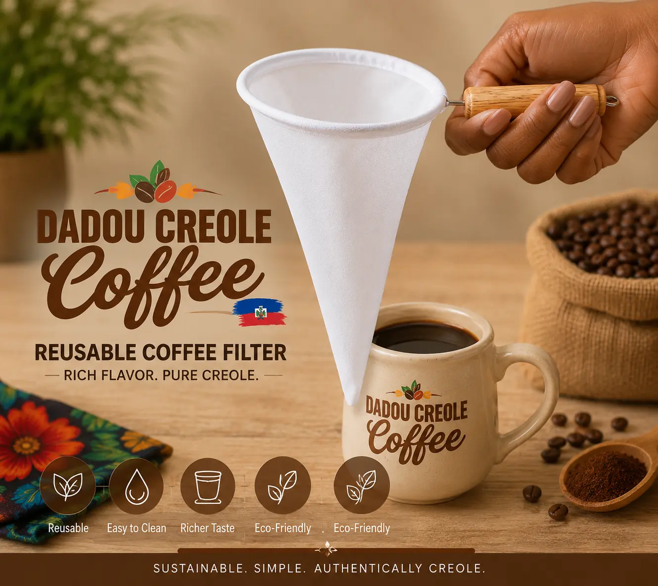 Reusable Cloth Coffee Filter with Wooden Handle | Traditional Coffee Strainer | Washable & Reusable