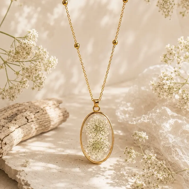 Real Pressed Flower Resin Necklace | Handmade Stainless Steel Botanical Pendant