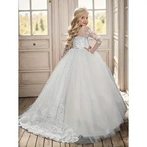 [Attire] Elegant Flower Girl Evening Gown - Long White Lace Dress with Embroidered Floral, Polyester, A-Line Fit Piano Recitals & Formal Occasions