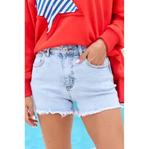 My Favorite Light Wash Raw Hem Denim Shorts
