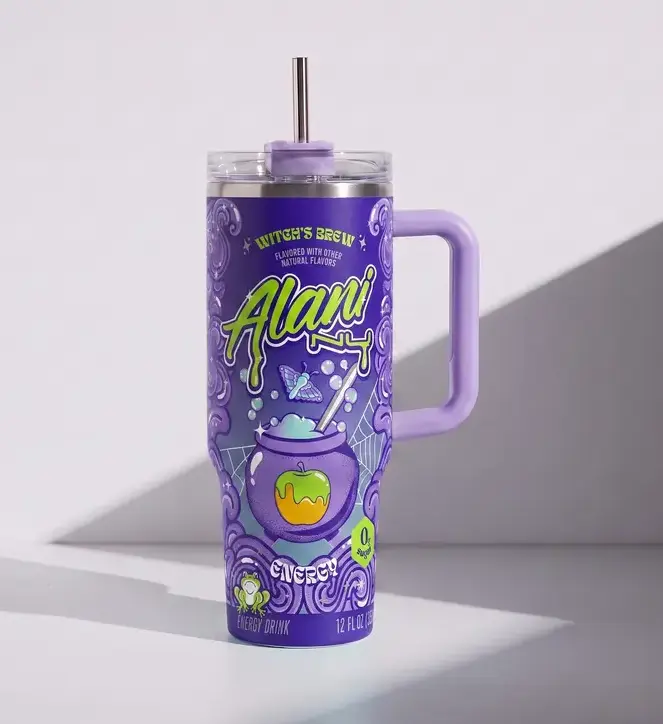 Alani Nu Inspired 40oz Tumbler With Handle & Straw, Cotton Candy Energy Drink Design Insulated Stainless Steel Travel Mug, Watermelon Wave & Strawberry Sunrise Print Cup, Reusable Beverage Drinkware Gift