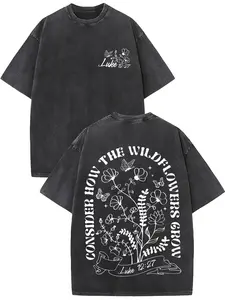 Lucky Print Oversized Cotton Solid Color Drop Shoulder Men's Retro Street Basic Loose Hip-Hop Unisex Acid Wash