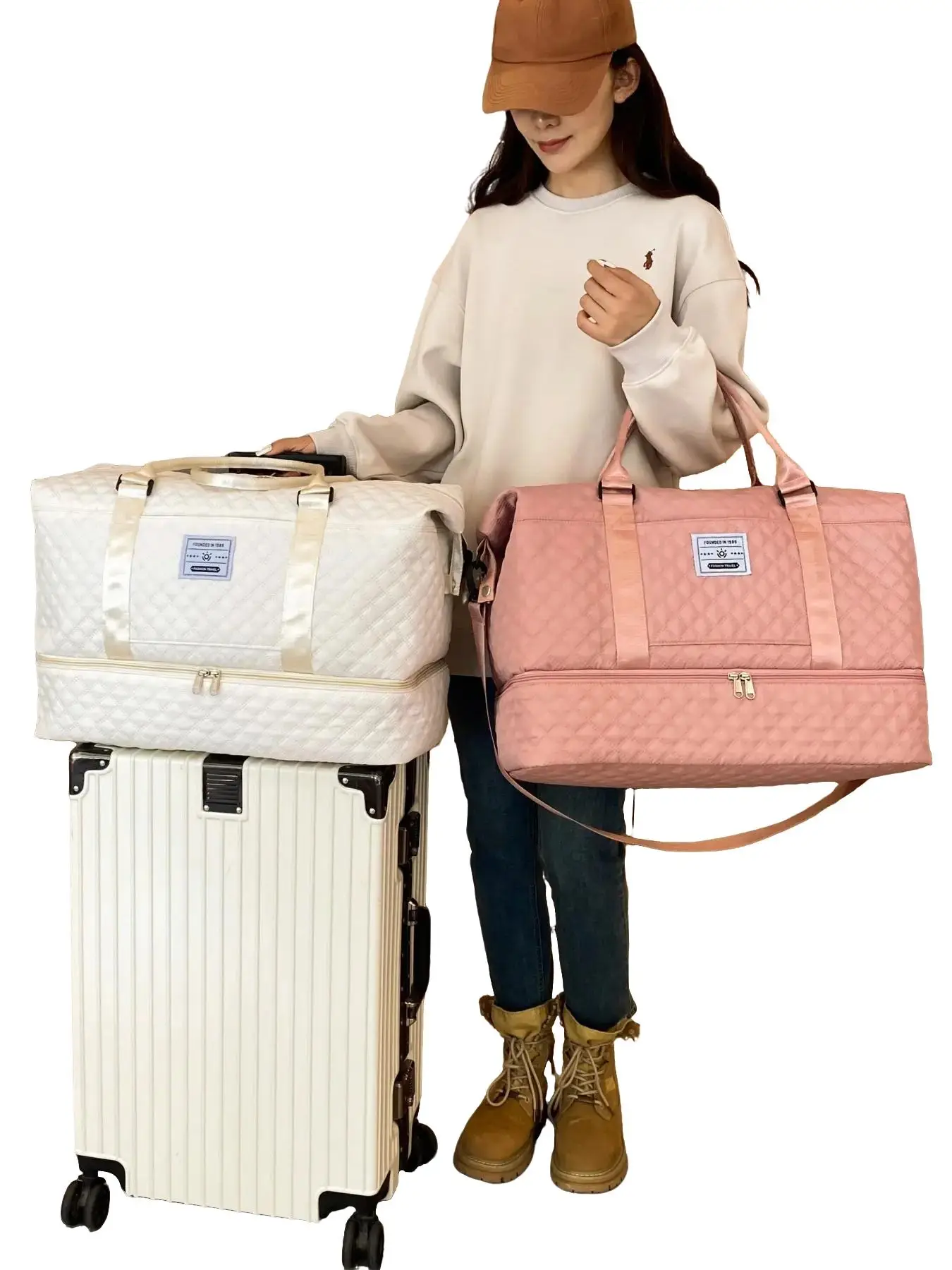 Solid Color Large Capacity Zipper Travel Duffels Bag, Lightweight Portable Foldable Travel Bag, Travel Essentials, Multifunctional Dry & Wet Separatio