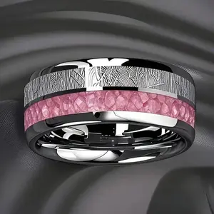 304L Stainless Steel Titanium Ring for Women, Pink Rose Meteor Inlay Band Ring, Anti-Rust Durable Smooth Comfort Fit, Elegant Romantic Finger Jewelry for Daily Wear Wedding Holiday Gifting
