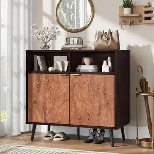 Sideboard Cabinet Walnut Farmhouse Buffet Storage 31 Inch Wooden Two Open Shelves Burl Texture Coffee Bar Dining Room Living Room