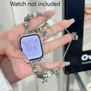 Fashion Metal Dual Chain Beaded Bear Pendant Compatible with Apple Watch Series 1-10, Perfect Gift for Parties, Banquets, Vacations, Daily Wear Watch Straps