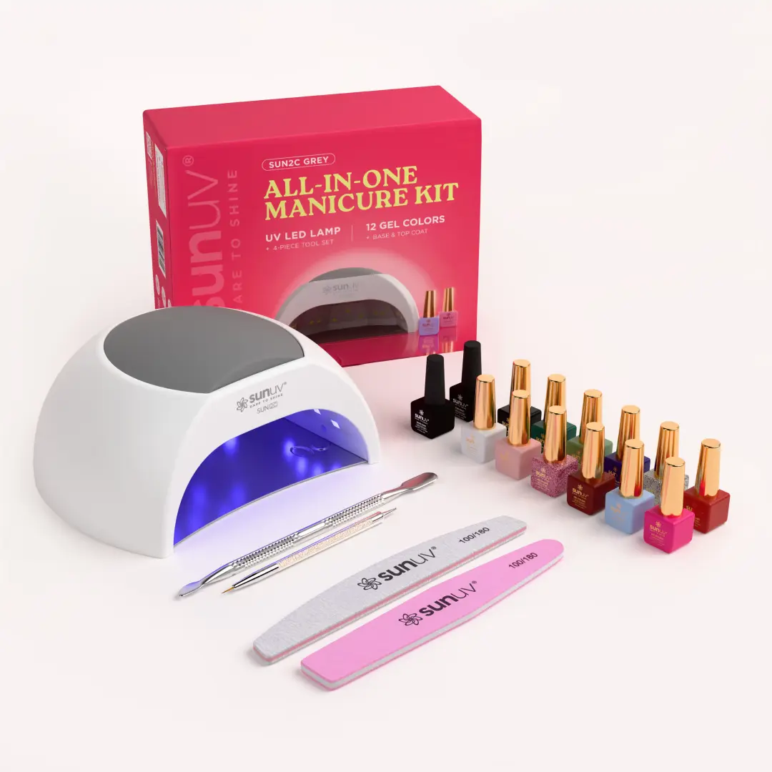 SUNUV SUN2C Grey - All-In-1 Manicure Kit - UV LED Nail Polish Curing Lamp, 12 Gel Polish Colors, Base Coat, Top Coat, Nail Care Tool Set
