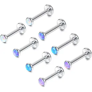 8Pcs 16G 316L Stainless Steel Opal Stud Set | Flat Back Cartilage Earrings | Hypoallergenic Tragus, Helix, Lip & Medusa Piercing Jewelry
