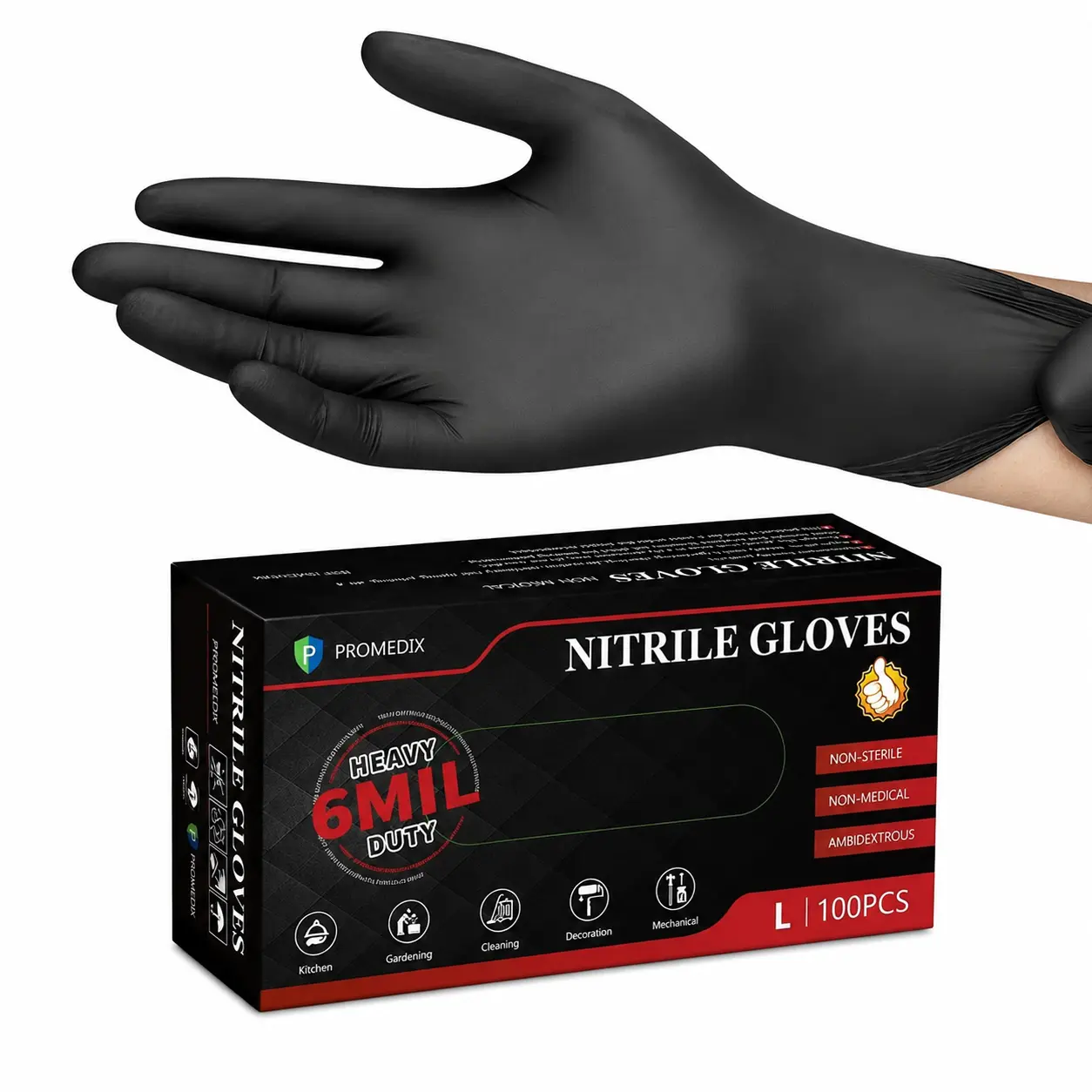 LIAPU x PROMEDIX  6 Mil Nitrile Disposable Gloves, 100 Count, Latex-Free & Powder-Free, Food Safe Heavy Duty Gloves for Cooking, Food Prep, Cleaning & Home Use