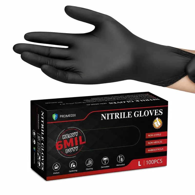 LIAPU x PROMEDIX  6 Mil Nitrile Disposable Gloves, 100 Count, Latex-Free & Powder-Free, Food Safe Heavy Duty Gloves for Cooking, Food Prep, Cleaning & Home Use