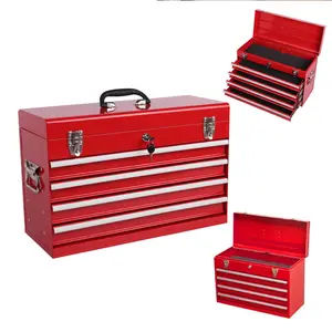 21.00*8.62*13.38 Inch Black Metal Tool Box with 4 Drawers Auto-Locking System Ball Bearing Slides EVA Padding Portable Handle Heavy-Duty Steel Anti-Rust Tool Storage Chest for Home Garage Workshop
