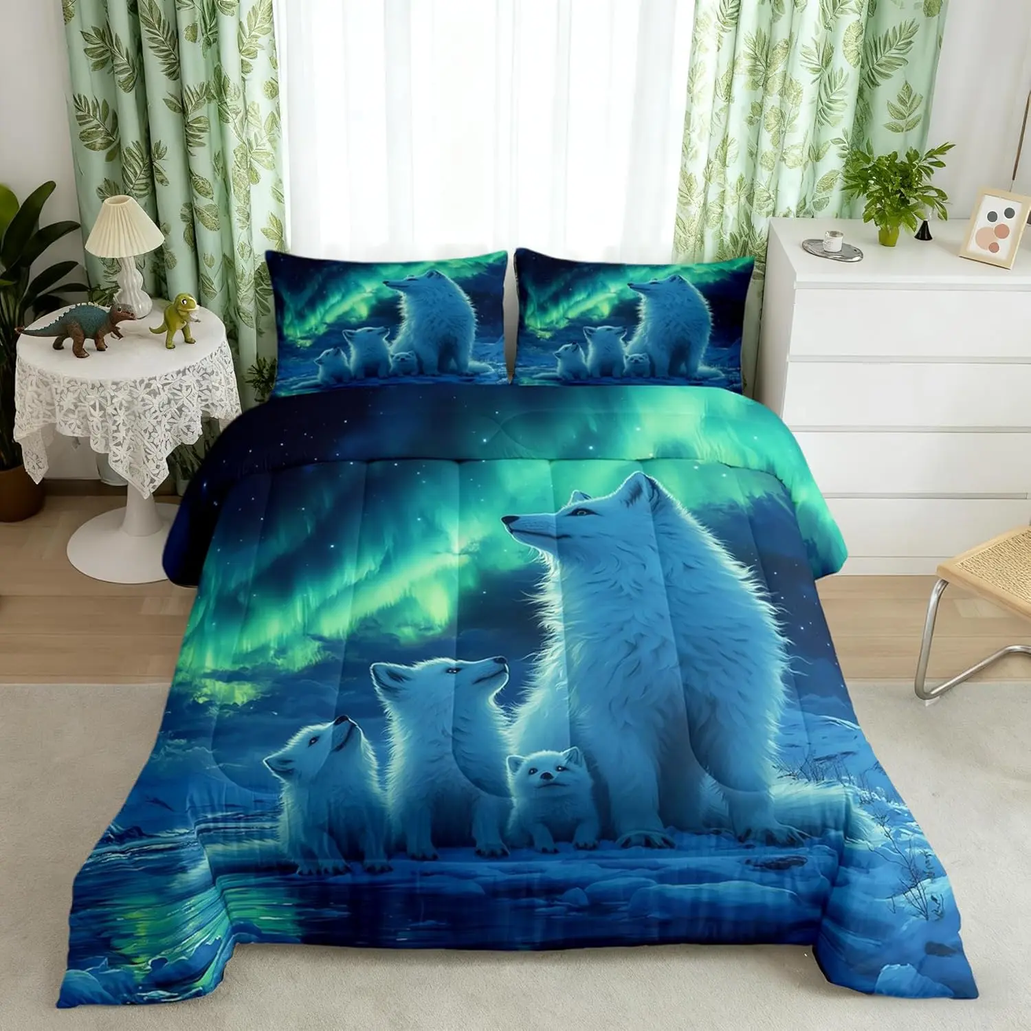 Snow Fox Family Comforter Sets,Mystery Arctic Aurora Animals Bedding Comforter Sets,Winter Safari Animals Quilt Sets for Bedroom Decor,Neon Aurora Duvet Insert