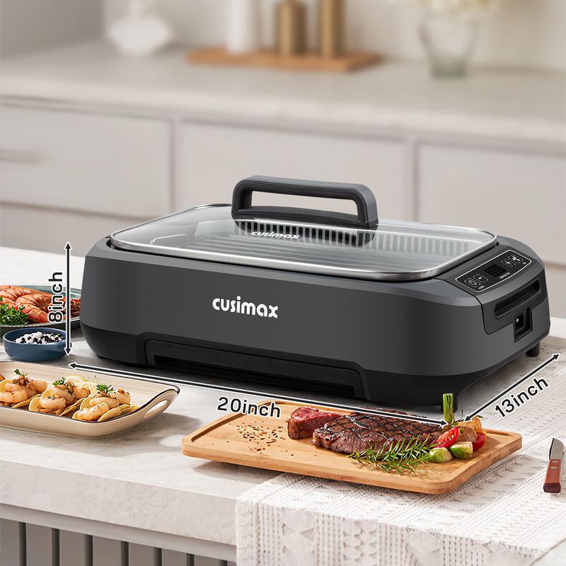 CUSIMAX Smokeless Electric Indoor Grill 1500W Korean BBQ with Non-Stick Removable Plate LED Display & Tempered Glass Lid Grey for Indoor Grilling grill rack electric mini