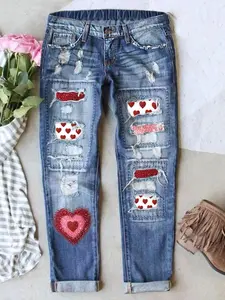 Valentine Heart Patch Print Jeans, Vintage Ripped Design, Cat Whisker Craft, Elastic Comfortable Fabric, Perfect Fit Long Denim Jeans, Patched Ripped Jeans